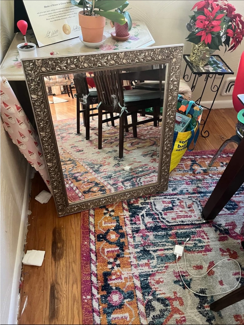Ornate Silver Floral Framed Wall Mirror - Antique Mirror